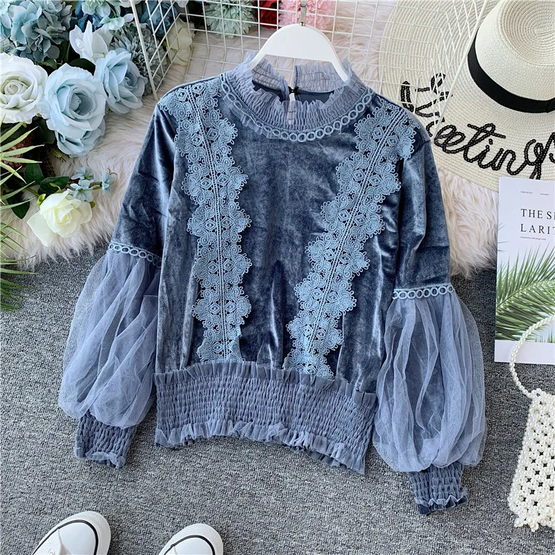 

2019 Autumn Lace Velvet blouse shirt Lantern Sleeve elegant winter pullover mesh shirts tops