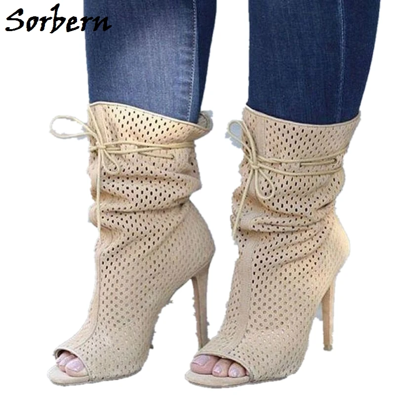 Women Summer Hollow Out Mesh Knee High Boots Hidden Wedge Heels Peep Toe Sandals 