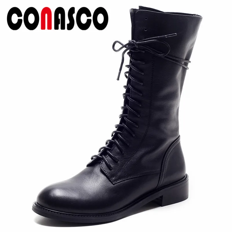 

CONASCO New Brand Women Genuine LeatherMid-calf Boots High Heels Corss-tied Warm Long Shoes Woman Ladies High Motorctycle Boots