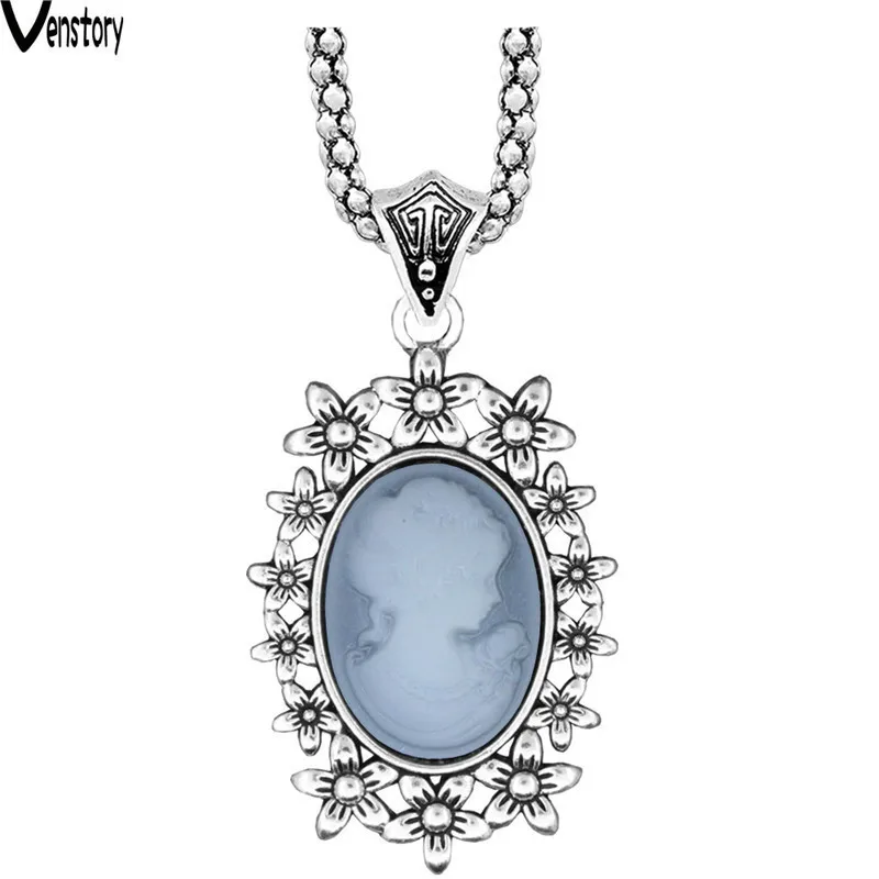 Lady Queen Cameo Pendant Necklace Vintage Hollow Flower Necklace For Women Antique Silver Plated Fashion Jewelry