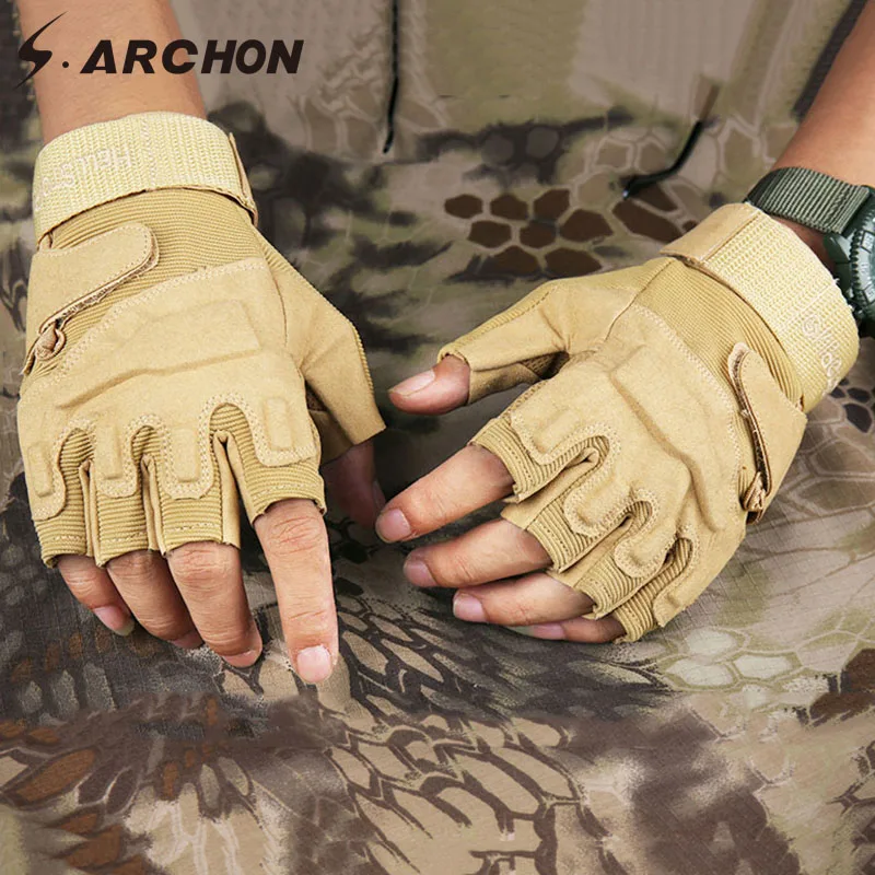 S. ARCHON US Army тактические перчатки без пальцев мужские противоскользящие перчатки для стрельбы на полпальца в Военном Стиле мужские боевые перчатки SWAT - Цвет: Khaki