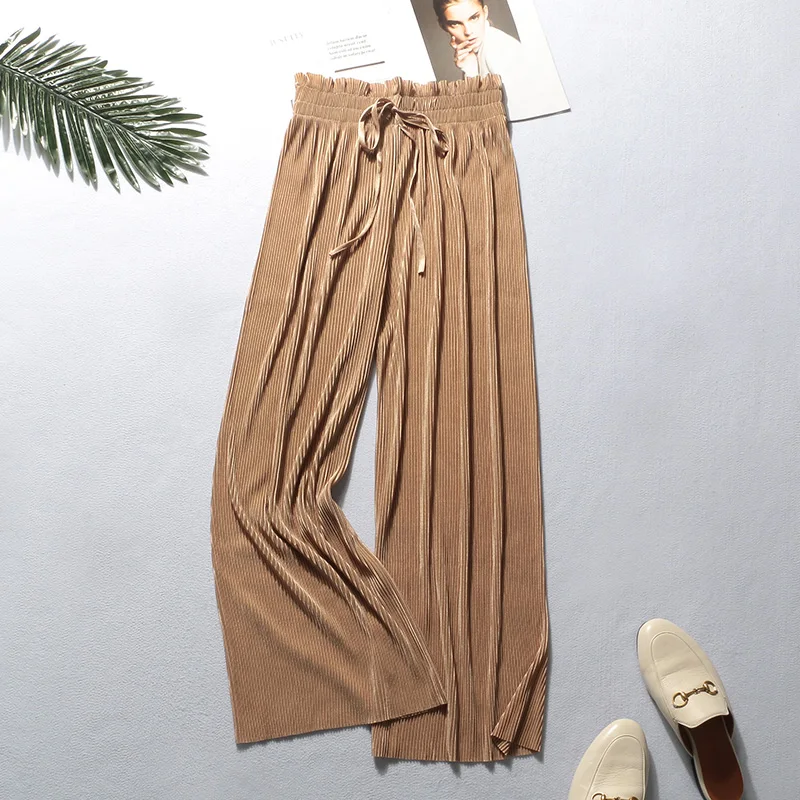 Новые летние модные шифоновые широкие брюки с высокой талией, женские милые брюки со складками и бантом, свободные тонкие леггинсы для пляжа M602 - Цвет: Хаки
