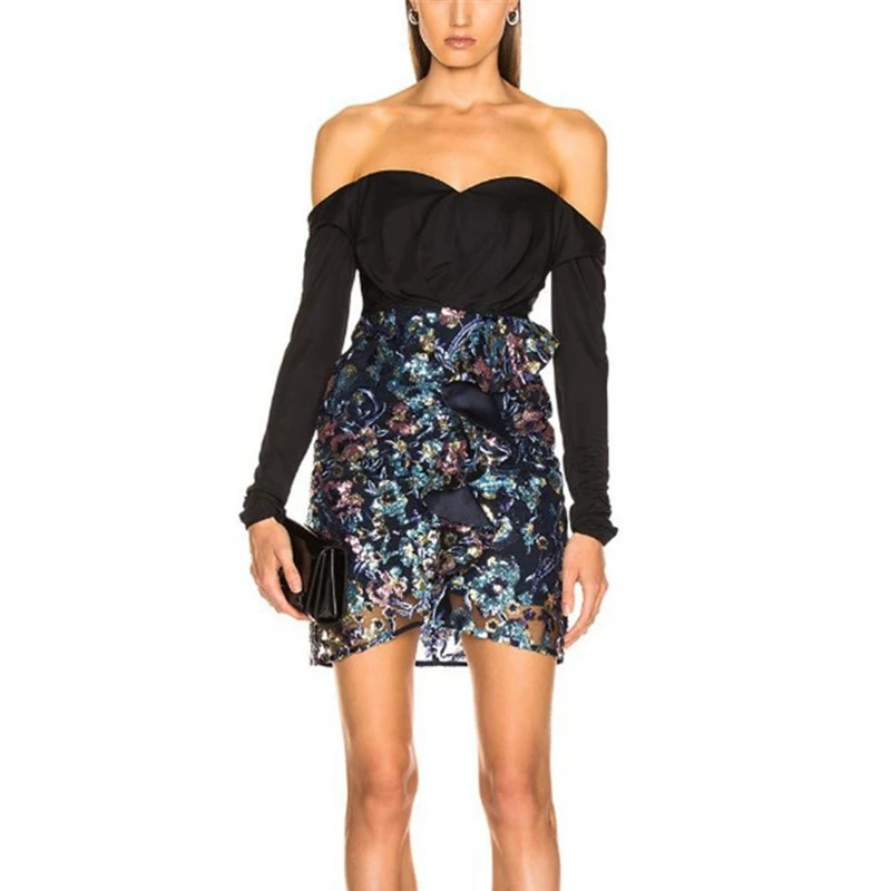 

2019 Spring Self Portrait Designer Runway Dress Women Sexy Offer Shoulder Sequined Party Dress Female Bodycon Full Sleeve Dresse