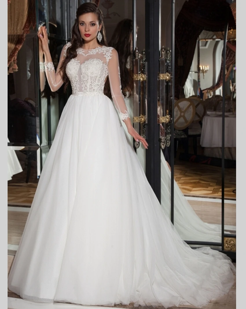 Hand Made Long Sleeve Lace Wedding Dresses 2015 Tulle