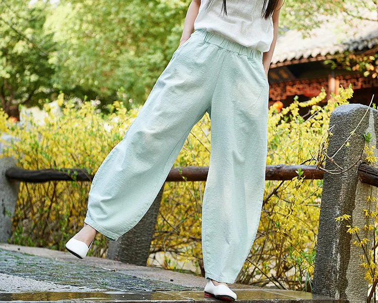 LZJN 2019 New Women Solid Color Pockets Loose Pants Vintage Elastic Waist Cotton Linen Wide Leg Full Length Pants (29)