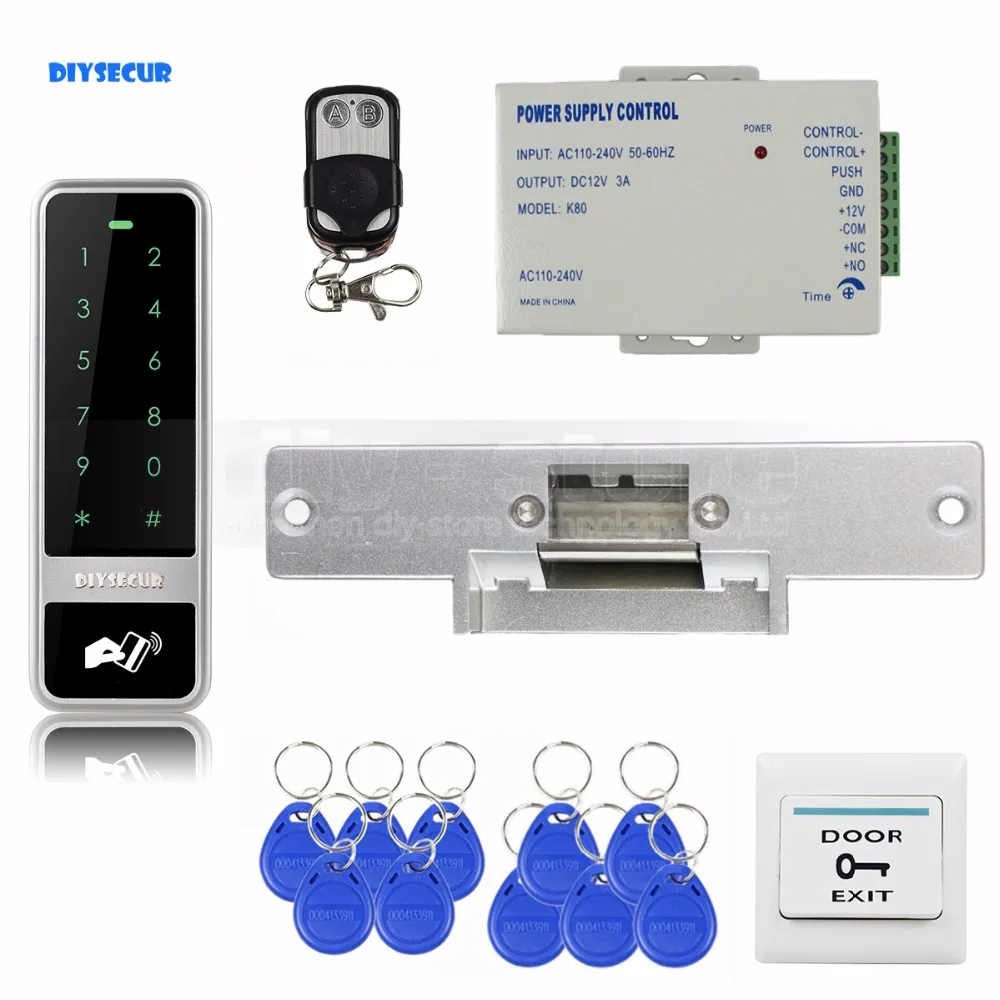 

DIYSECUR 125KHz RFID Reader Password Keypad + Strike Lock + Remote Control Door Access Control Security System Kit