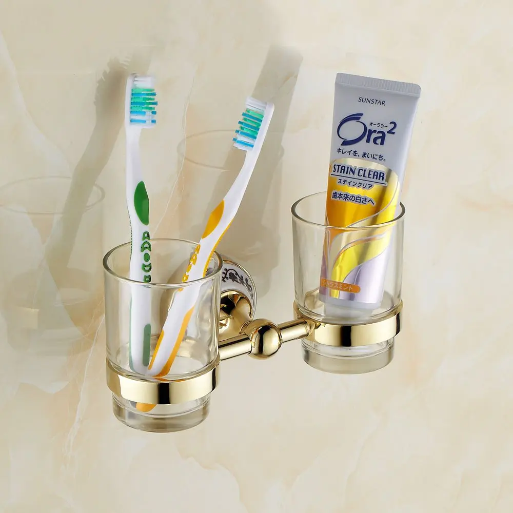 Set Accessories Tumbler Holder Brush Cup Toothbrush Glass Double Gold