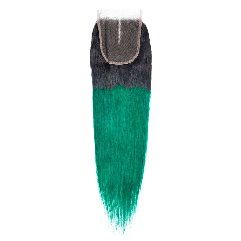 QT-Цветной пучки волос от светлого до темного цвета с закрытием 3 Связки с закрытием T1B/зеленый темные корни бирюзовый, шелковистые прямые человеческие волосы