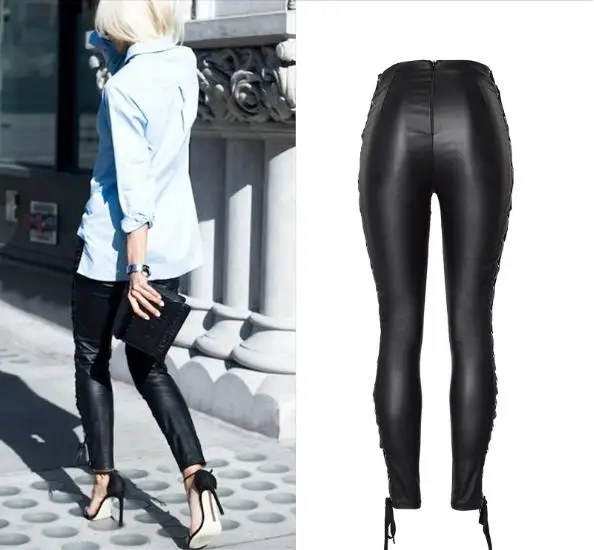 Женские эластичные брюки из искусственной кожи с двойными боковыми ремешками, штаны из искусственной кожи, черные сексуальные тонкие обтягивающие штаны на шнуровке с высокой талией, D63