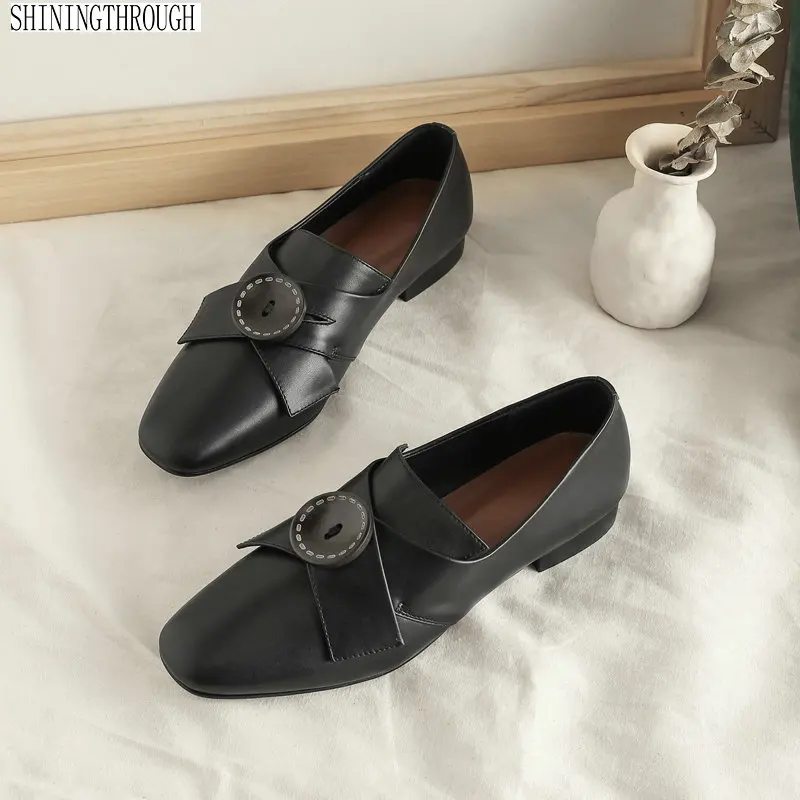 

Shoes woman flat solid loafers cow leather square toe casual women flats slip-on autumn new zapatos de mujer