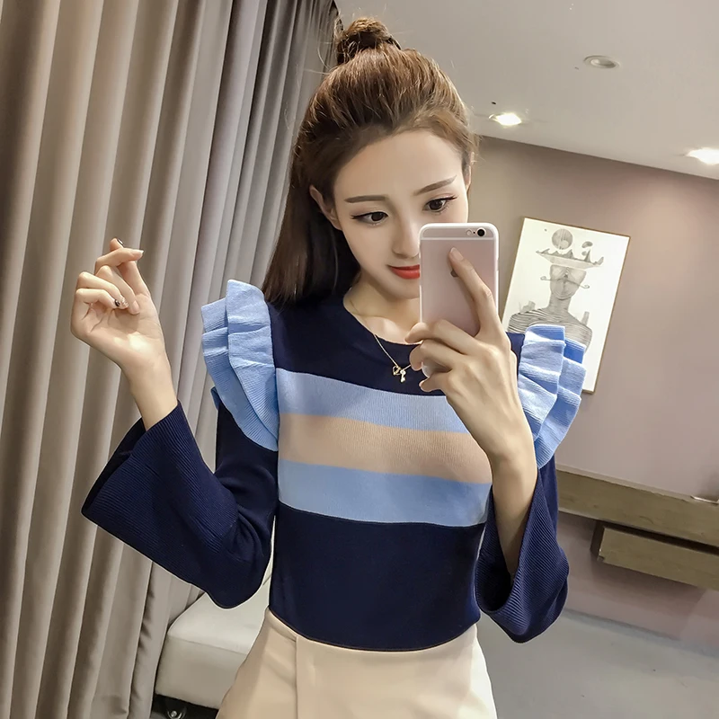 

2018 Autumn Winter Women Fashion Knitting Patchwork Ruffled Striped Sweaters Pullovers Tops Girls Knitted Strips Sweater