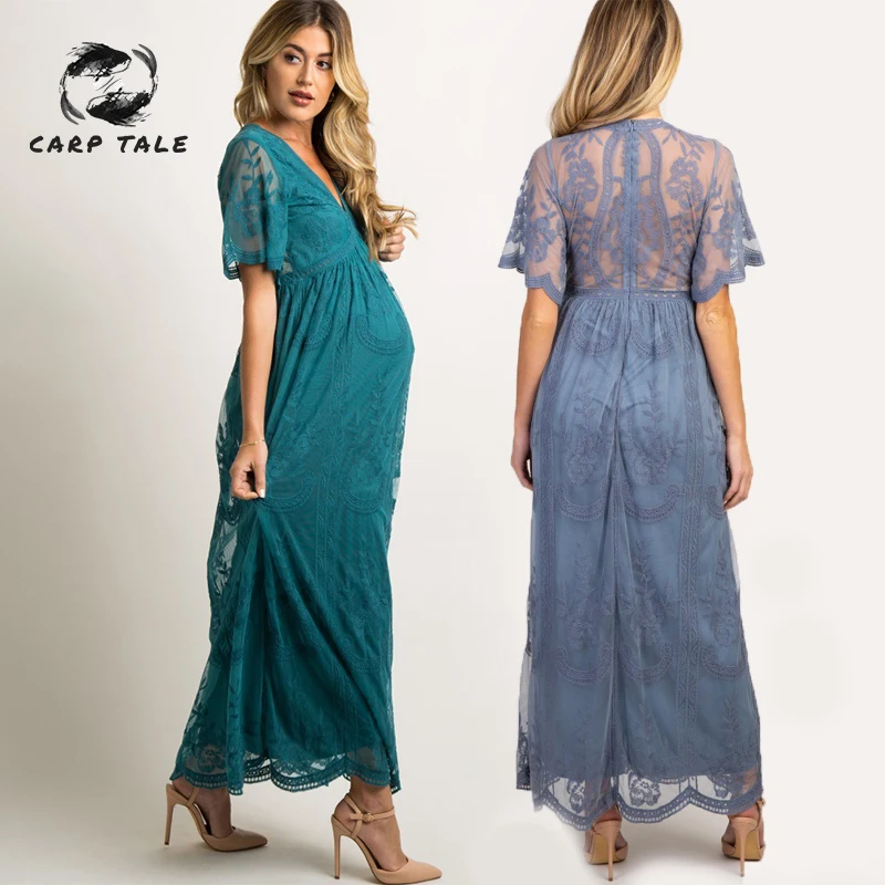 

2019 Fashion pregnant women photography photo props lace short-sleeved ruffled dress large size pregnant women's lace clothing