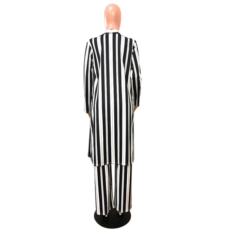 Black White Vertical Striped 2 Piece Set Rompers Double Slit Full Sleeve Long Coat And Wide Leg Pant Jumpsuit Women Plus Size