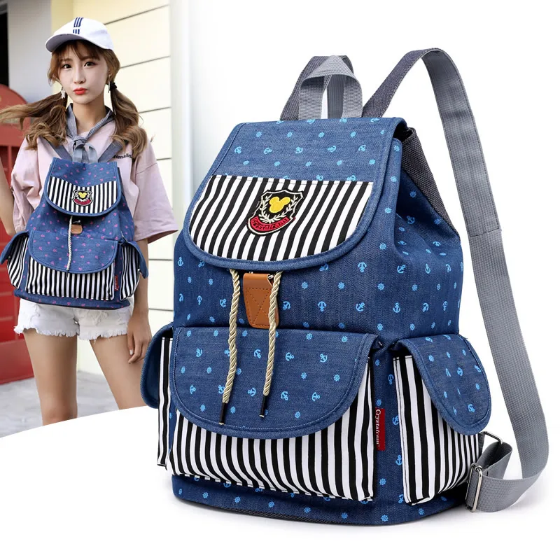 

2018 Fashion Striped Women's Backpack Ladies Denim School Bag For Teenage Girls Vintage Backpacks Travel Bag Shoulder Bags Jeans