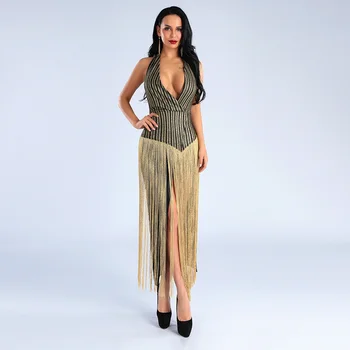 

Sparkle Halter Sleeveless Deep V Neck Long Gold Tassel Maxi Party Dress Female Backless Long Dresses Vestidos Robe Gown