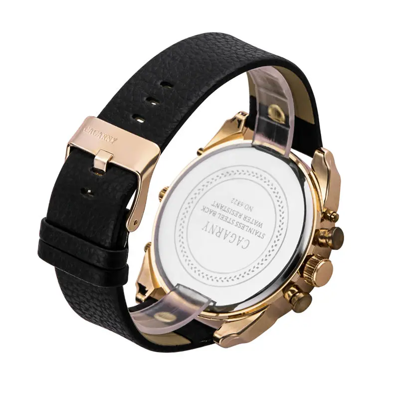 Cagarny-relógio de Quartzo Masculino com Pulseira de Couro Fusos Horários Duplos Caixa em Ouro Rosa e Relógios de Pulso Militares - Image 4
