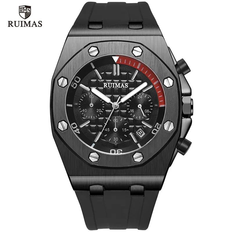 RUIMAS хронограф часы мужские роскошные 24 Часы кварцовые часы лучший бренд часы Relogios Masculino армейские спортивные наручные часы R540 черный