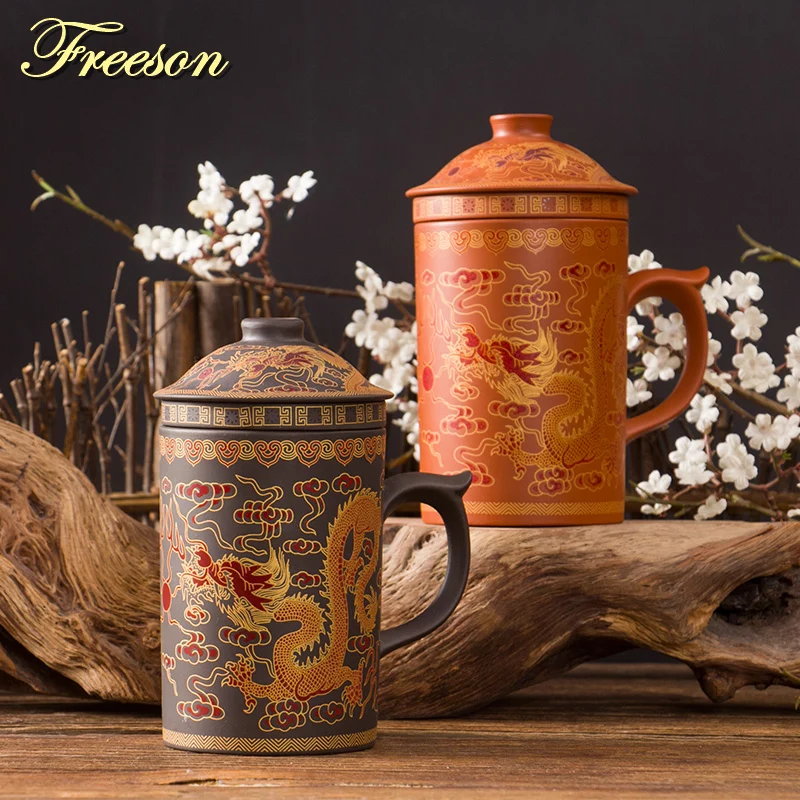 Online Retro tradicional chino dragón Phenix taza de té de arcilla púrpura con tapa infusor hecho a mano Yixing Zisha taza de té 300ml taza de regalo