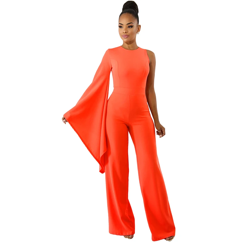 

Women New Autumn Special Solid Orange Black Rompers Sexy Single Full Bell Sleeve Wide Leg Jumpsuits