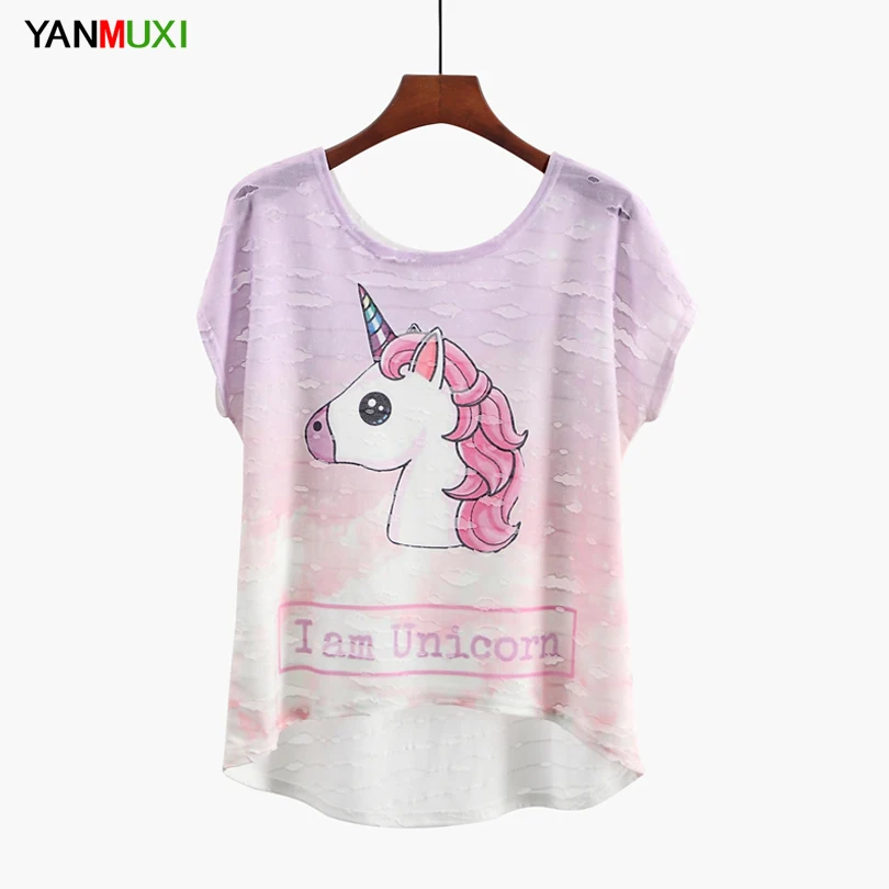 

2019 New Summer Unicorn T-shirt Women Asymmetric Tshirt Short Sleeve Casual Top Fashion Sika Deer&Birds Cartoon Print Tee Shirts