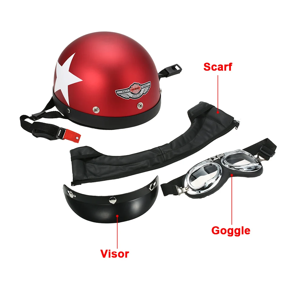 KKMOON полушлем с открытым лицом для велосипеда, шлем с очками, козырек для скутера, езды на велосипеде, винтажный мотоциклетный шлем, черный, красный