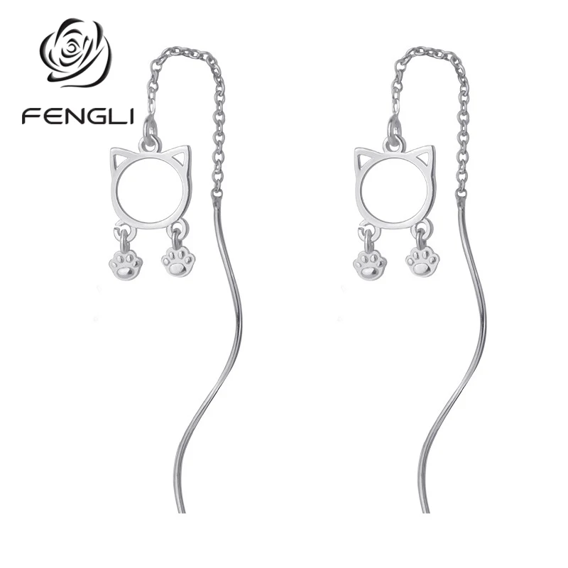 

Korean 1 Pair Women's Silver Color Cute Cat Shape Long Chain Drop Earrings Cat Claws Dangle Tassel Earrings For Party Jewelry
