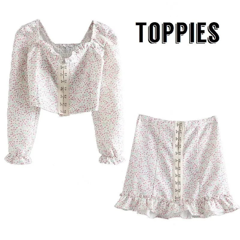 

Summer Beach Short Set Floral Printing Vacation Two Piece Set Women Square Collar Court Shirts Crop Tops High Waist Mini Skirts