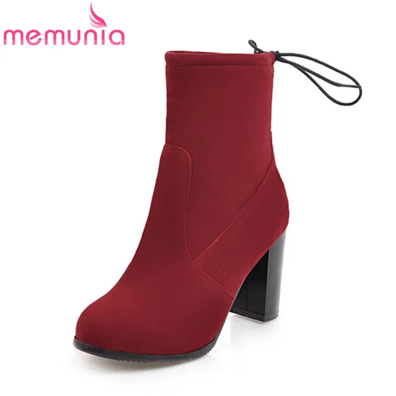 

MEMUNIA NEW 2020 arrival boots women round toe with narrow band high heels boots solid slip on simple female ankle boots