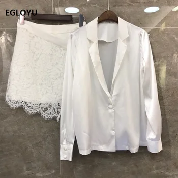 

Elegant Work Suits 2019 Autumn Fashion Business Set Women Notched Collar Long Sleeve Office Shirt+Lace Patchwork Short Set 2pc