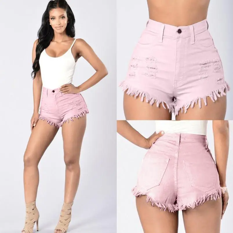 Snowshine4#3003 Модные женские летние рваные джинсы с высокой талией, пляжные шорты, джинсы высокого качества, красный, зеленый, розовый