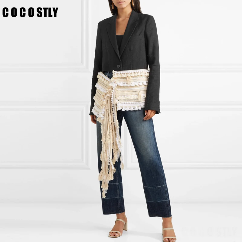 

Tassel Patchwork Blazer Women Coats Lapel Long Sleeve Slim Asymmetrical Hit Color Female Clothes Fashion Autumn blaser feminino