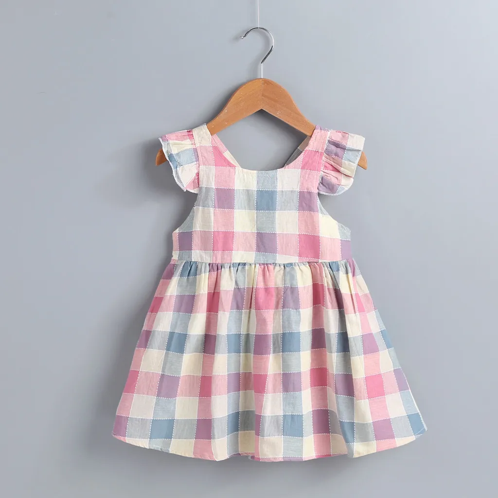 

Summer Girl Dress Plaid Print Backless Sleeveless 1 2 3 4 5 Years