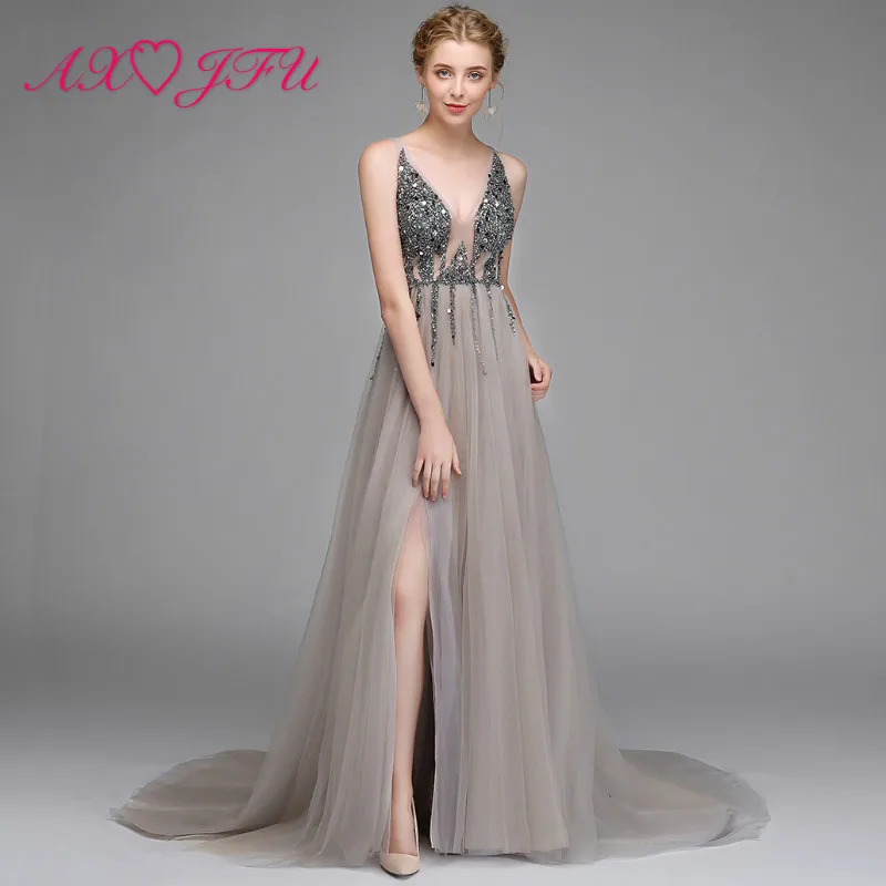 

AXJFU princess v neck grey lace evening dress luxury vintage beading crystal white and pink lace evening dress