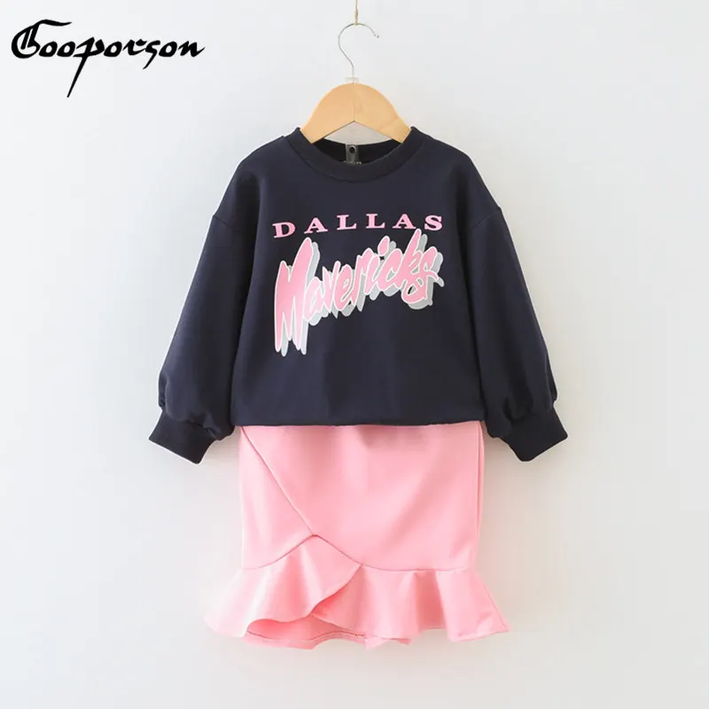 

Girls Fashion Clothes Set New Sweat Shirt With Pink Fishtail Skirt Cute Baby Girl Clothing Suit Spring Top + Skirt Children Sets