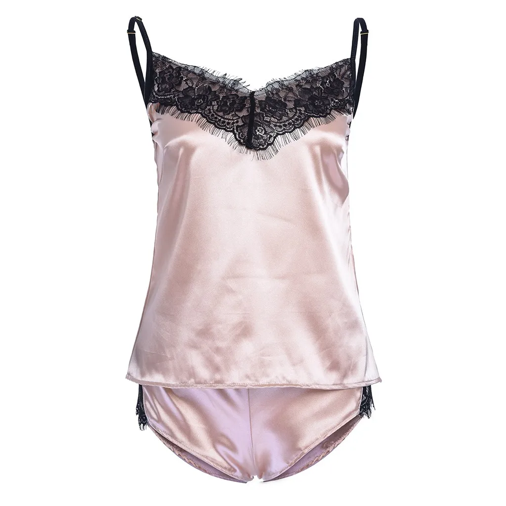 

Women Sleepwear Sleeveless Sexy Lingerie Strap Nightwear Lace Trim Satin Cami Top Sets Underwear NightGowns Sleepwear New Style