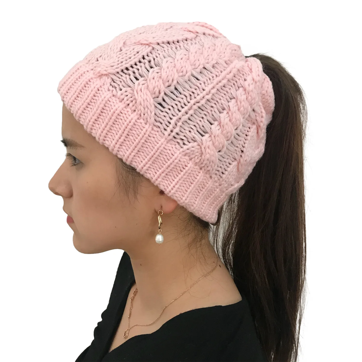 Женская стрейчевая вязанная шапка для девочек, пушистая шапочка с хвостиком, теплые зимние шапки - Цвет: As The Picture