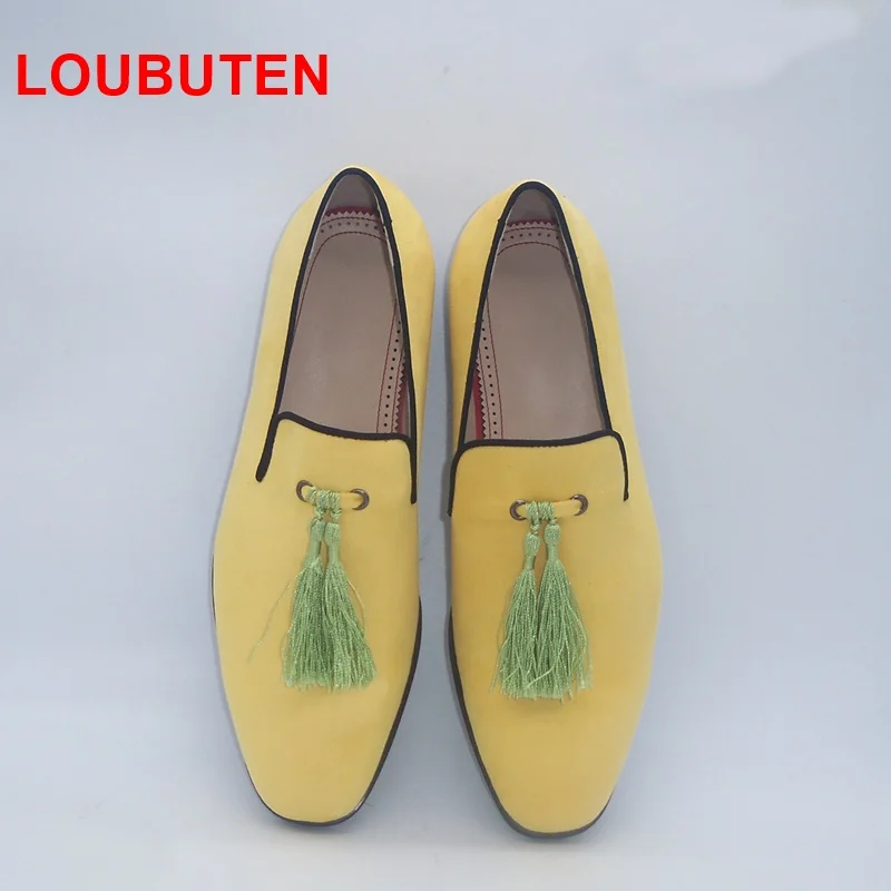 Туфли LOUBUTEN мужские с бахромой желтые бархатные Лоферы ручной работы модная
