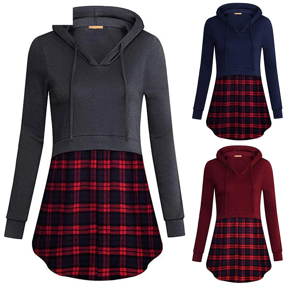

JAYCOSIN 2018 New Fashion Sweatshirt Warm Women Plaid Patchwork Hooded Clothes Tunic Pullover Tops Shirt Autumn 18Nov7