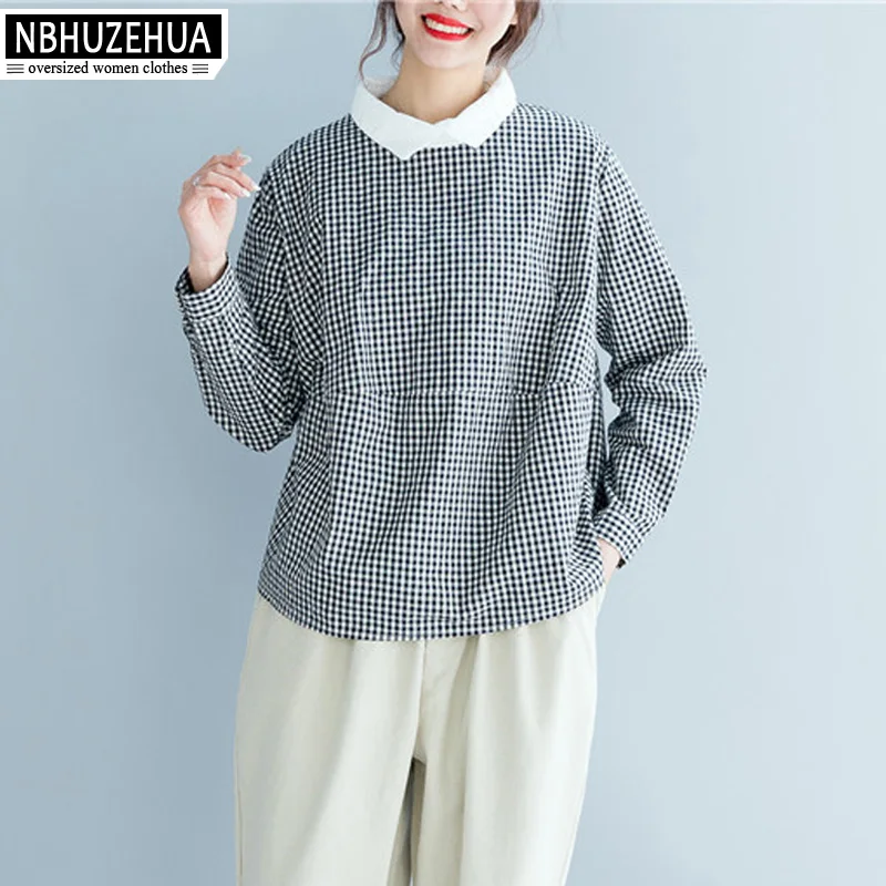 

NBHUZEHUA Women Blouses Large Size Long Sleeve Cotton Plaid Shirts Ladies Doll Collar Spring Women Tops 4XL 5XL 19-A83