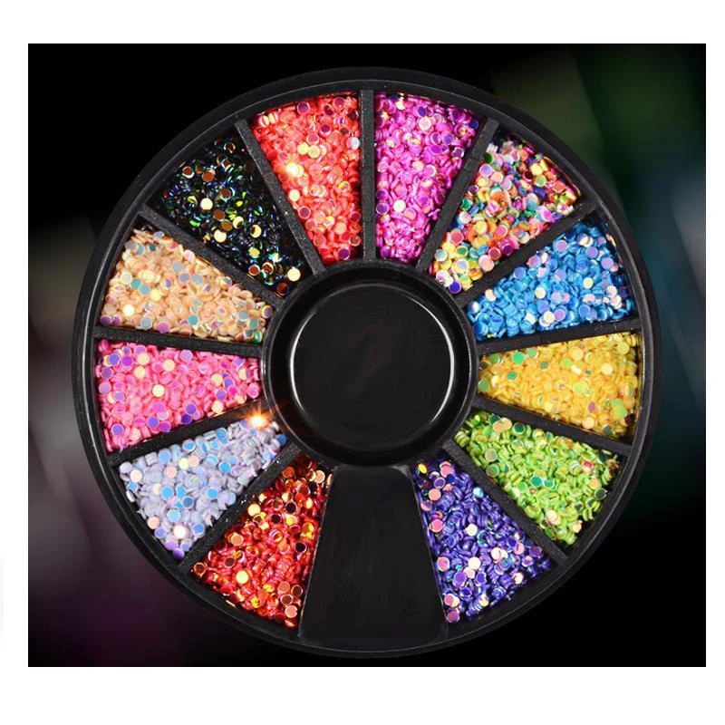 1 Wheel/12 Colors Nail Art Round Sequin 1mm Rainbow Rhinestone Wheel for Nail Art Decoration