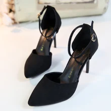 2016 Korea new summer sexy suede Shallow mouth pointed nude color pumps with buckle thin high heels sandals women black red pump