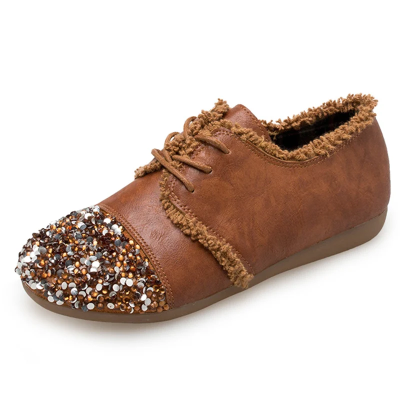 

Moxxy 2018 Autumn New Women Oxfords British Platform Flats Spring Round Toe Crystal Casual Shoes Woman PU Oxford Leather