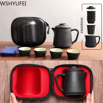 

Black pottery mug mug a pot two cups portable travel ceramic portable teacup porcelain service cover bowl teapot