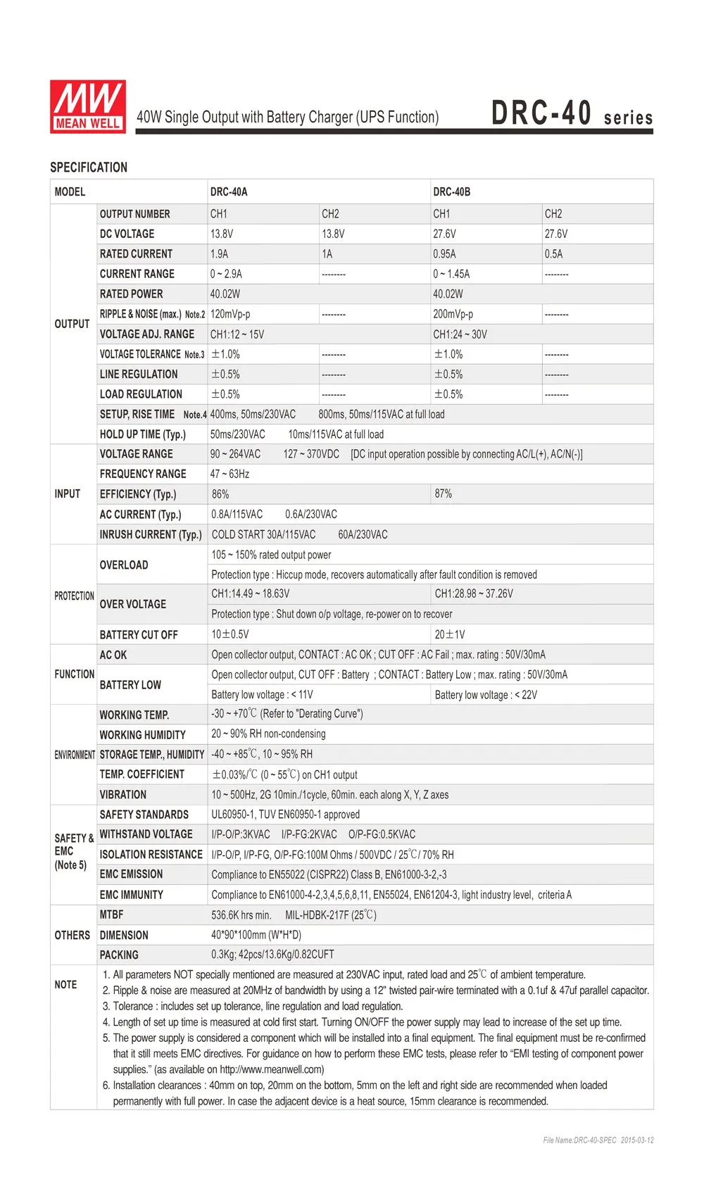 MEAN WELL DRC-40A 40 Вт 12~ 15 В AC/DC meanwell din-рейку безопасности питания с зарядным устройством(функция UPS) DRC-40