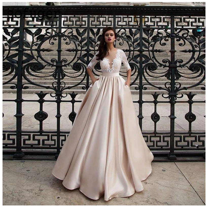 

Champagne Wedding Dresses With Pocket Vestido Noiva Elegant Satin Lace Half Sleeves Bridal Dress Floor Length Wedding Gowns 2020