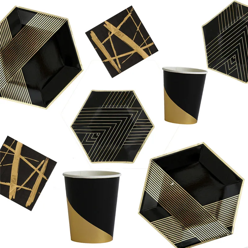8Pcs Paper Plates Ins Black Gold Foil Plates Cups Birthday Party Decorations Adult Kids Napkins Girl Bachelorette Party Supplies03