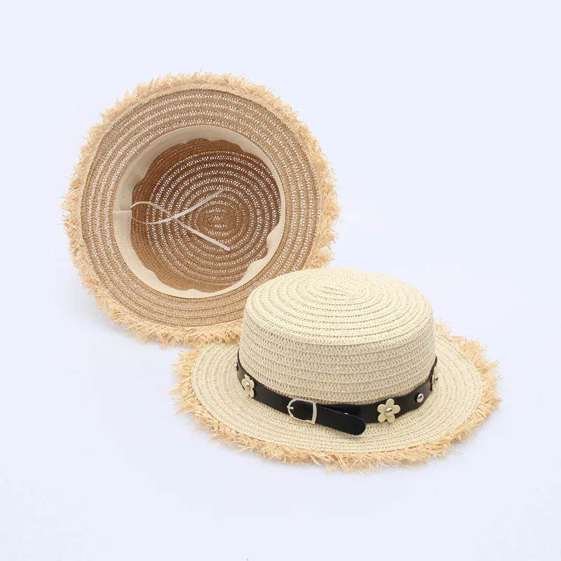 Wide Brim Straw Sun Hat Women Fashionable Flat Top Straw Hat with Belt