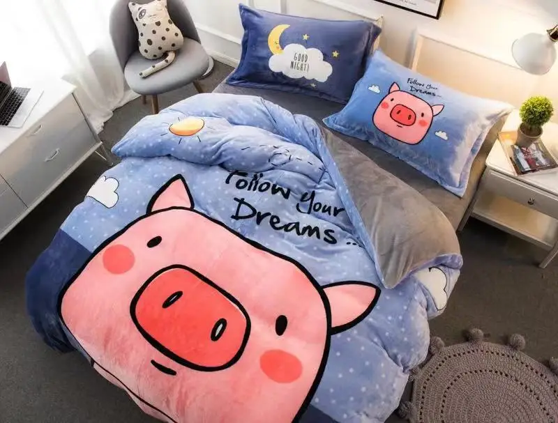 

Cartoon coral fleece piece set thermal winter thickening flannel bed sheets warm duvet cover FL velvet bedding fitted sheet