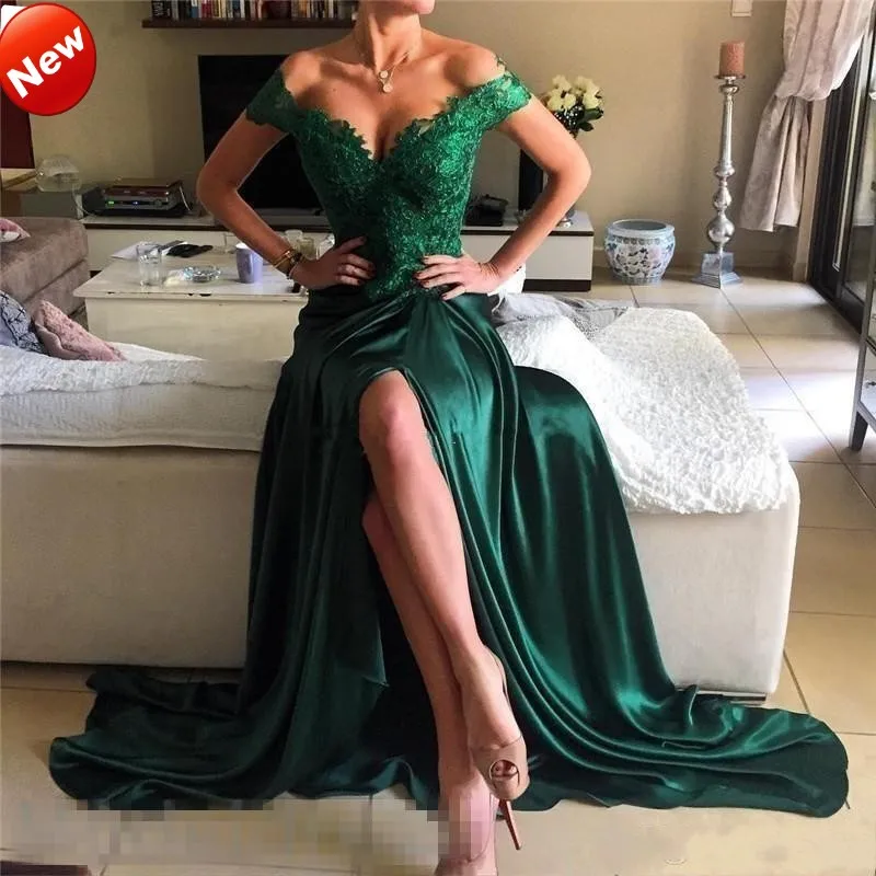

2019 robe de soiree Arabian Formal Gowns Lace Emerald Green Evening Gown Formal Dress Sexy Split Party Dresses vestido longo