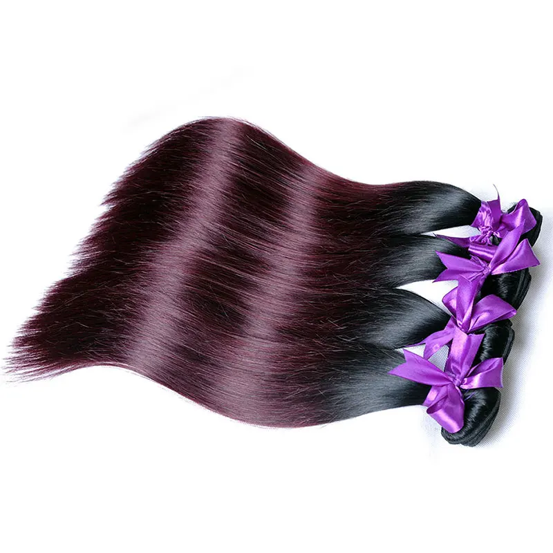3 Brazilian Straight Hair Ombre Bundle With Closure Colored 1B Burgundy Bundle With Closure Human Hair Weave NonRemy ShiningStar